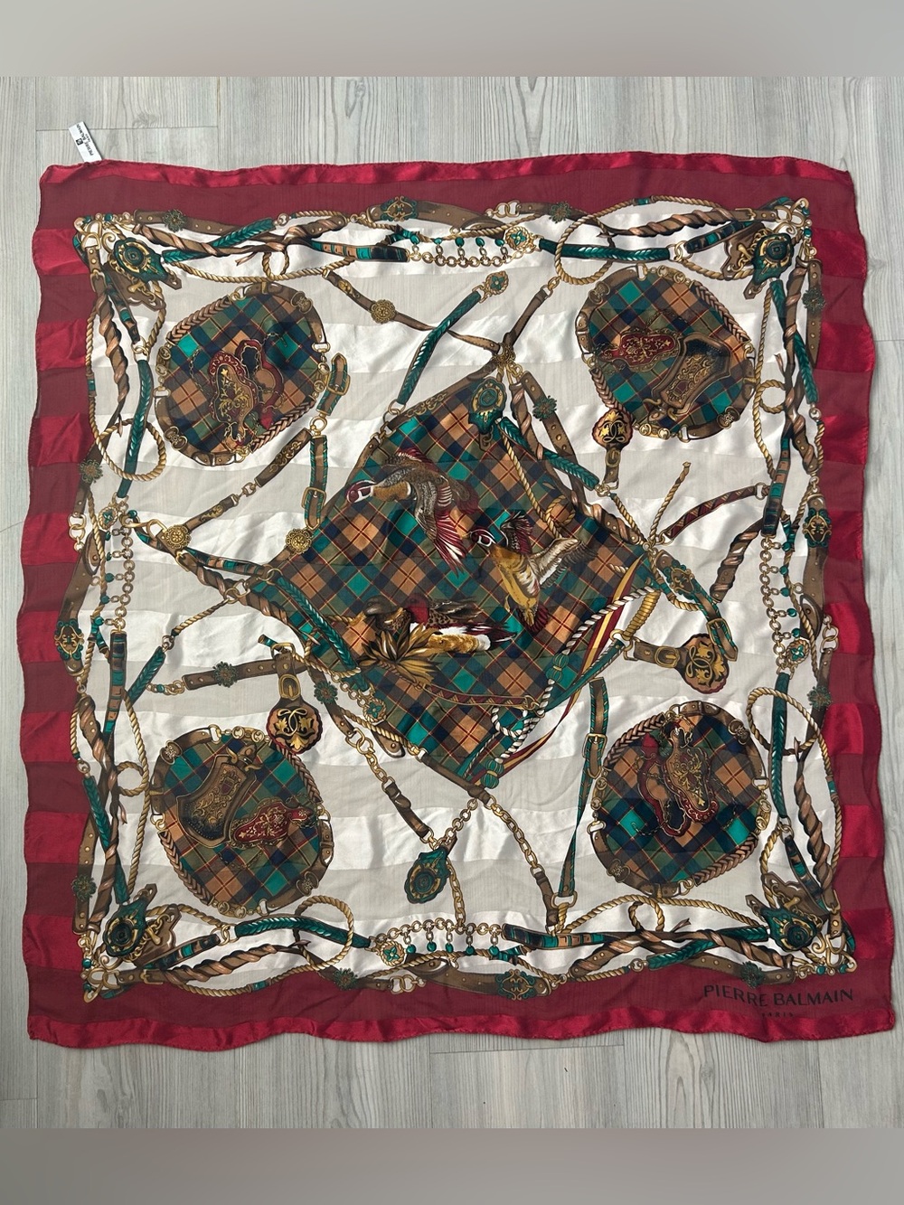 Pierre Balmain Plaid & Equestrian Motif Silk Scarf in Teal, Burgundy & Gold